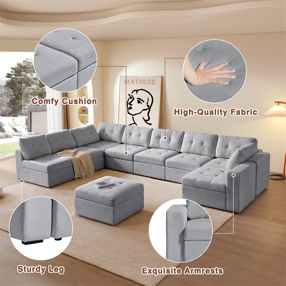 Gray sectional sofa with close-up details on comfort, fabric quality, leg sturdiness, and armrests in a living room setting.