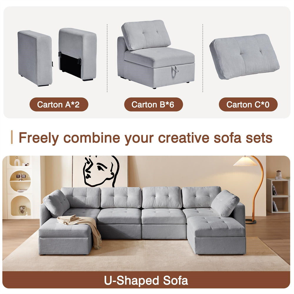 Gray U-shaped sofa with customizable carton options on a white background
