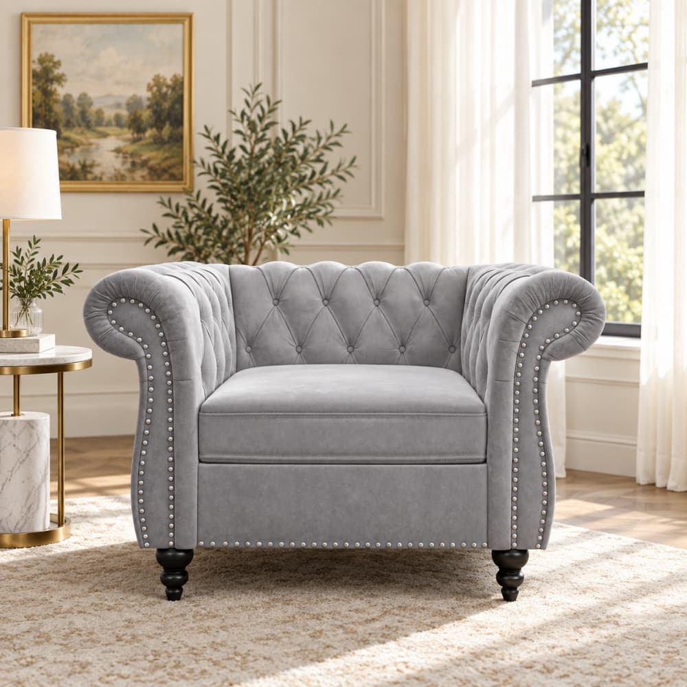 Grey Velvet Chesterfield Sofa Chair with Button Tufted Back