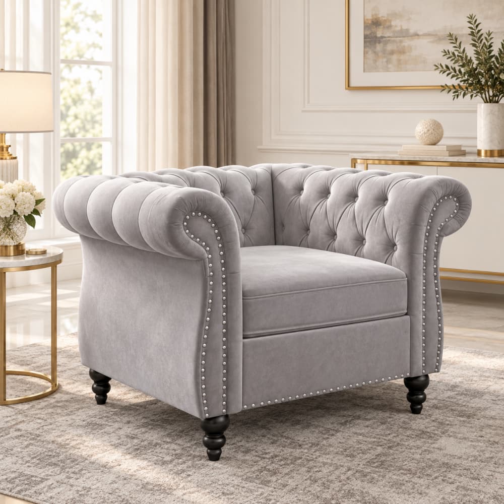 A light gray velvet Chesterfield armchair with button tufting, nailhead trim, and dark turned legs, shown in a styled living room setting.
