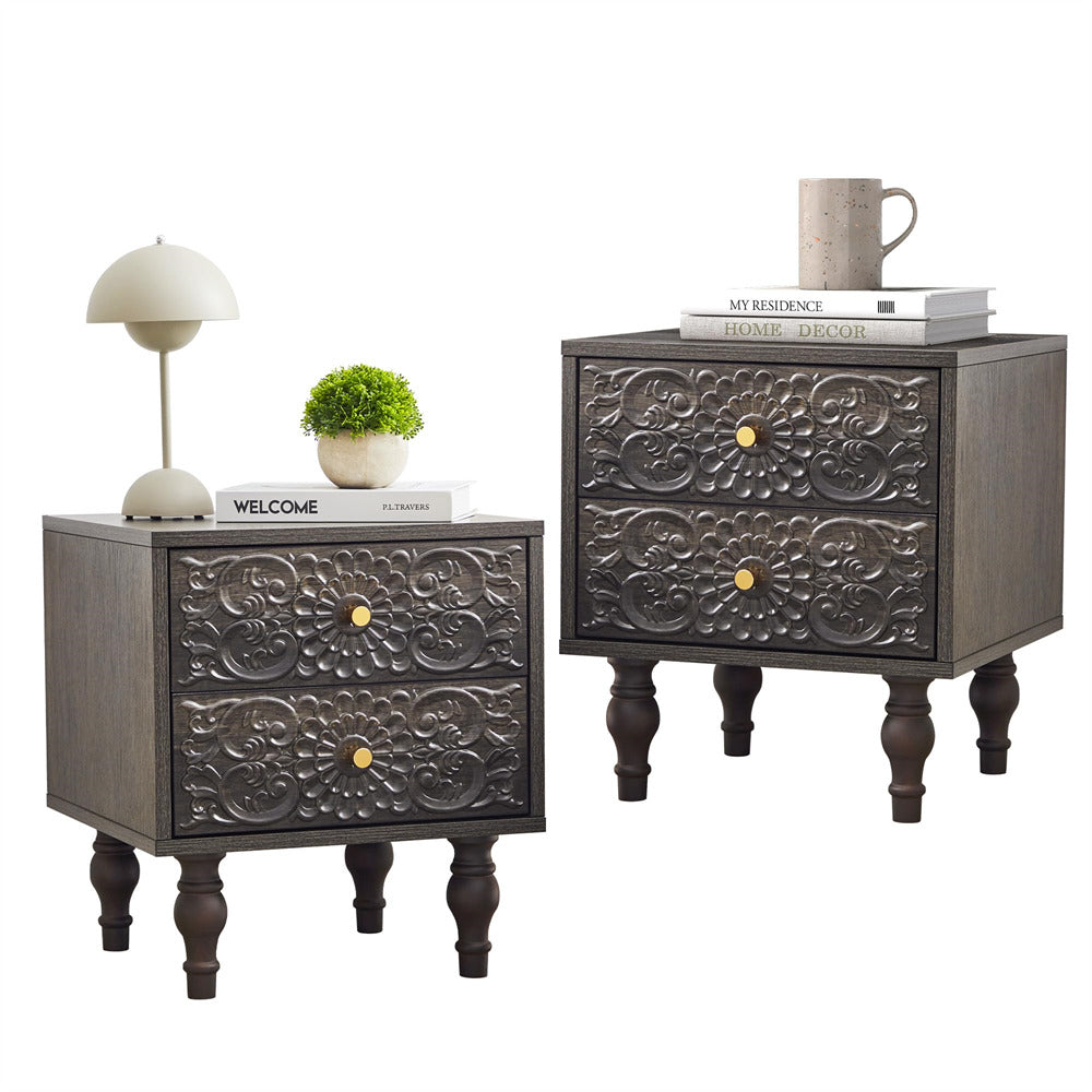 Two decorative grey nightstands with embossed designs on a white background