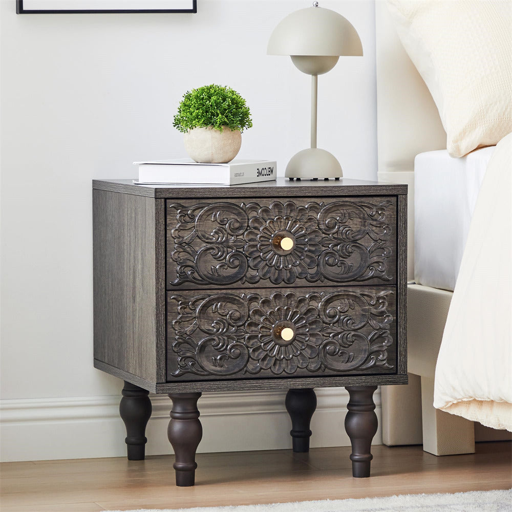 Grey Wood Farmhouse Nightstand Sofa Side Table with 2 Drawers and Metal Handles