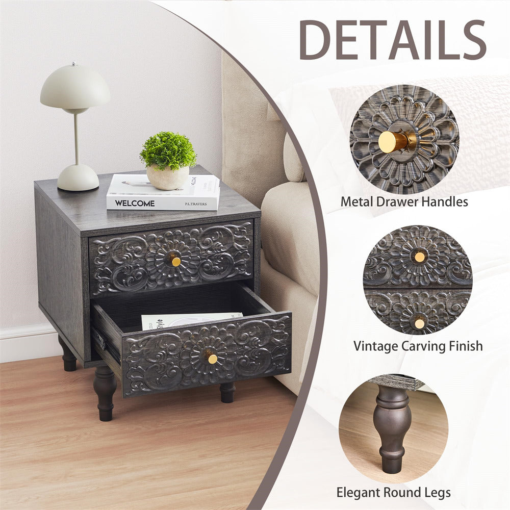 Decorative grey nightstand with metal drawer handles, vintage carvings, and elegant round legs in a room setting.