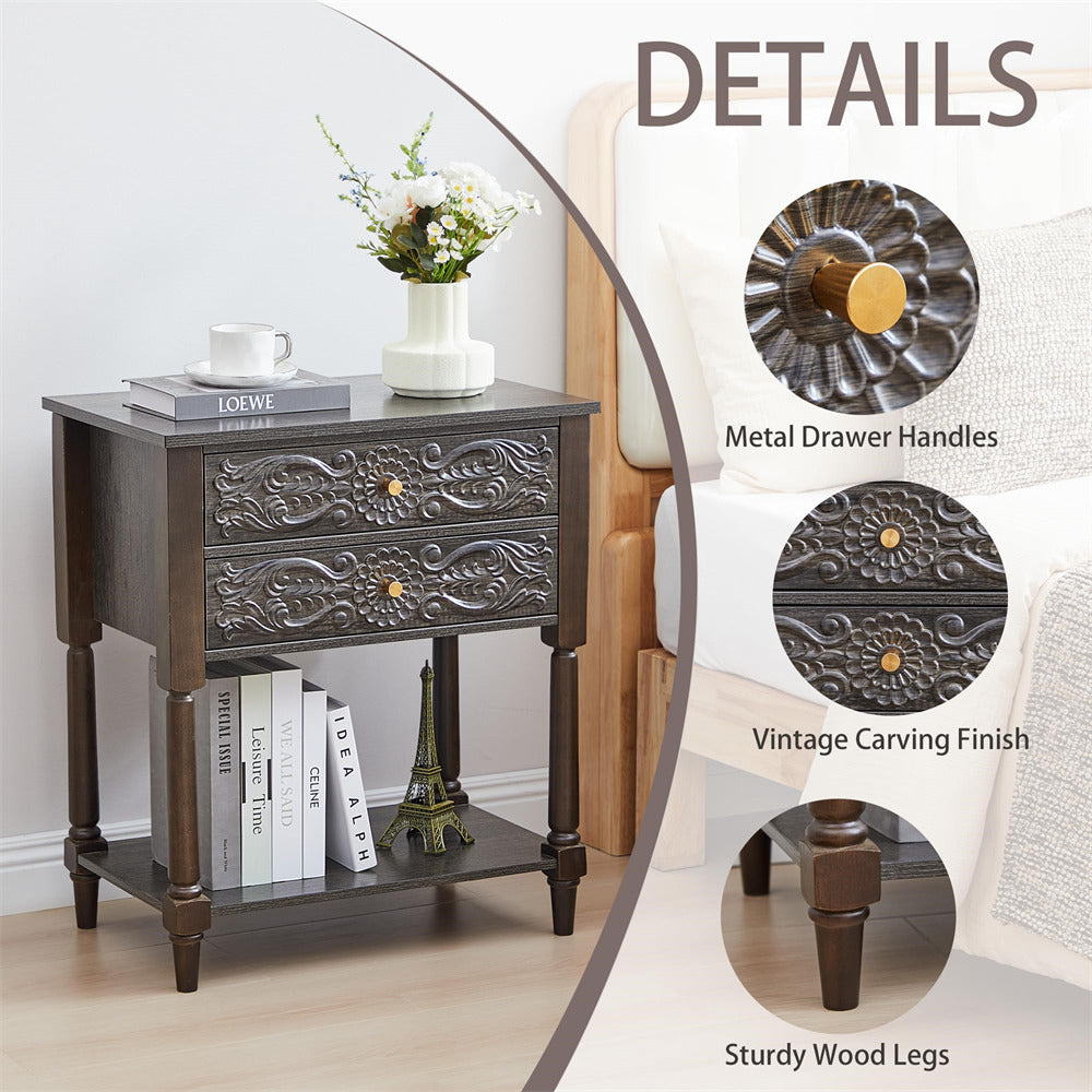 Decorative grey nightstand with metal drawer handles, vintage carving finish, and sturdy wood legs.