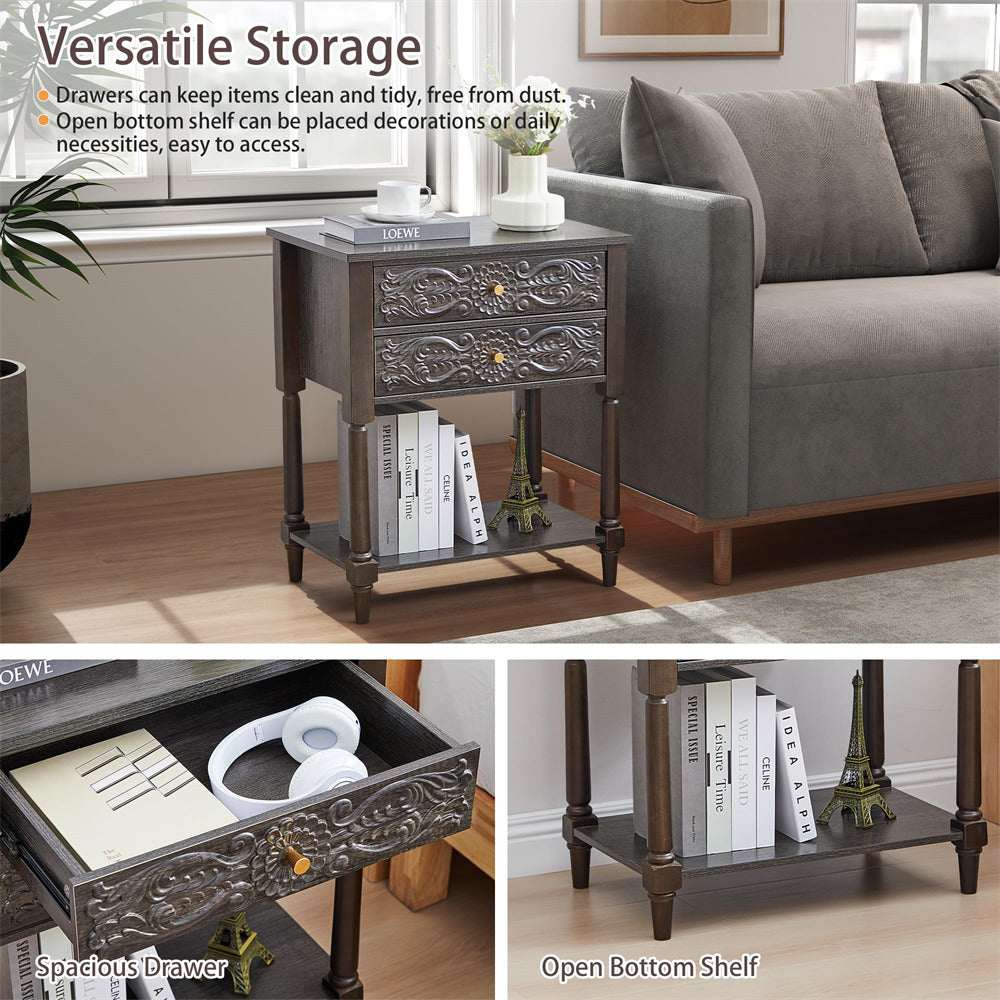 Decorative grey side table with drawers and open shelf in a living room setting