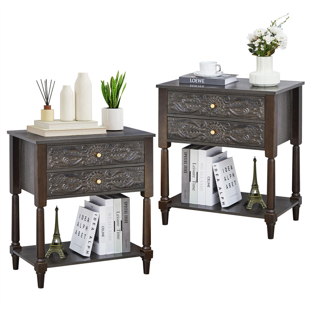 Two grey wooden nightstands with decorative items on a white background