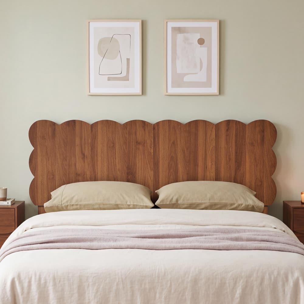 King Size Scalloped Headboard Freestanding & Wall Mount Walnut Wood Grain Bedroom Dorm Room Bed Frame