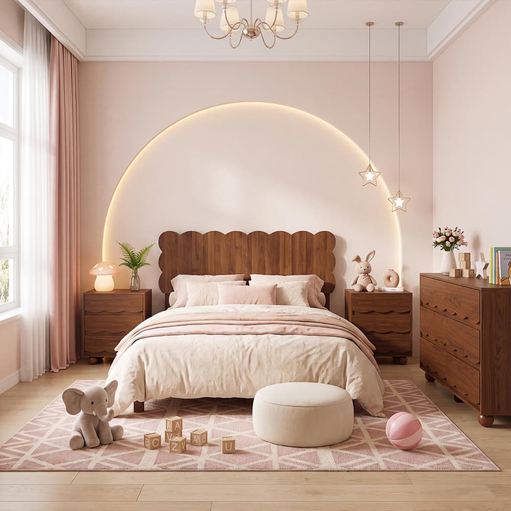 King Size Scalloped Headboard Freestanding & Wall Mount Walnut Wood Grain Bedroom Dorm Room Bed Frame