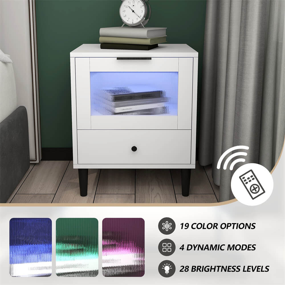 White LED Lights Nightstand with USB Charging Station and 2 Drawers