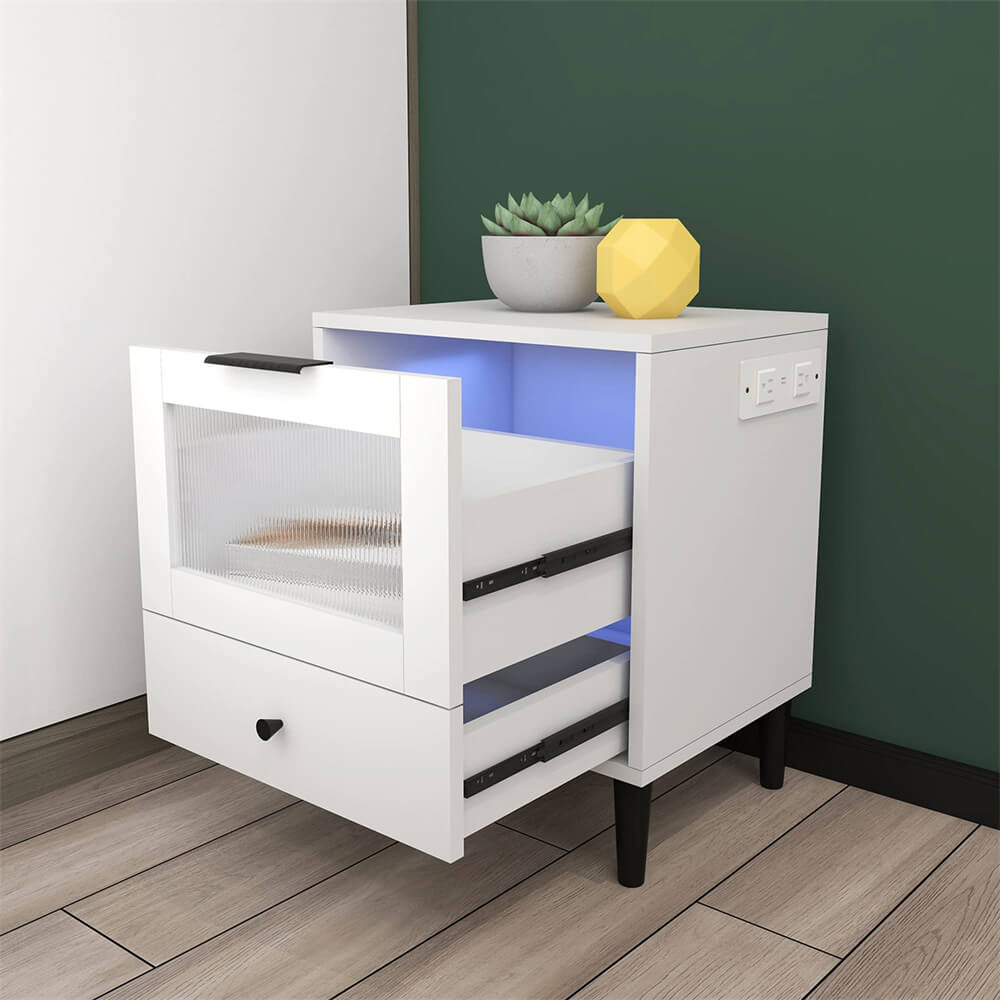 White LED Lights Nightstand with USB Charging Station and 2 Drawers