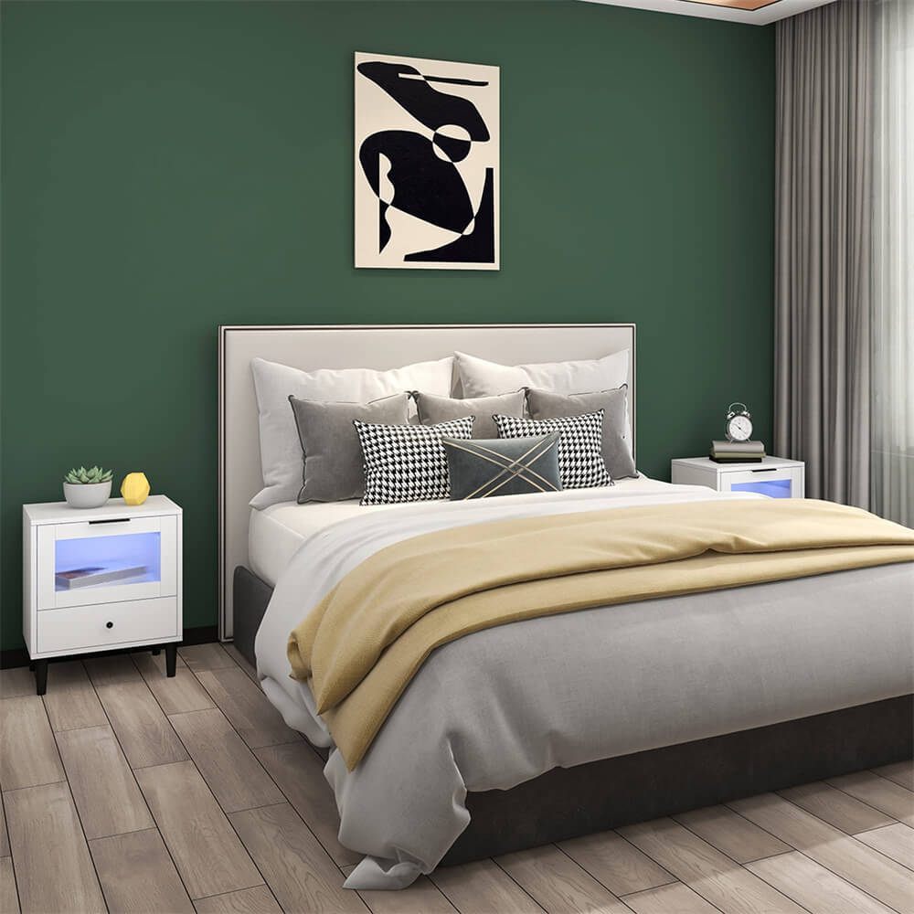 White LED Lights Nightstand with USB Charging Station and 2 DrawersWhite LED Lights Nightstand with USB Charging Station and 2 Drawers