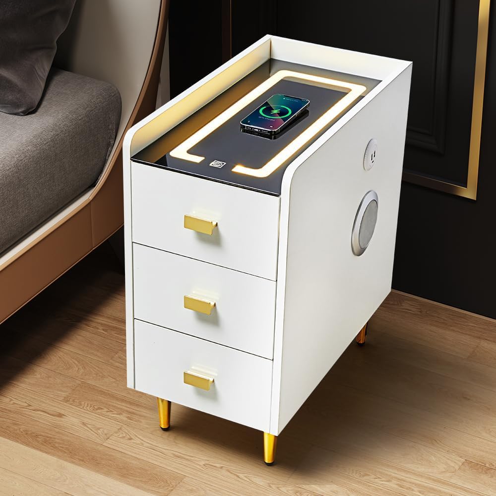 LED Nightstand Side Table with Wireless Charging Station White