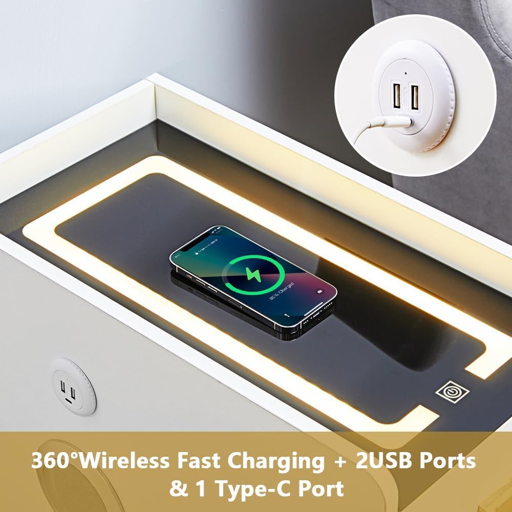 LED Nightstand Side Table with Wireless Charging Station White