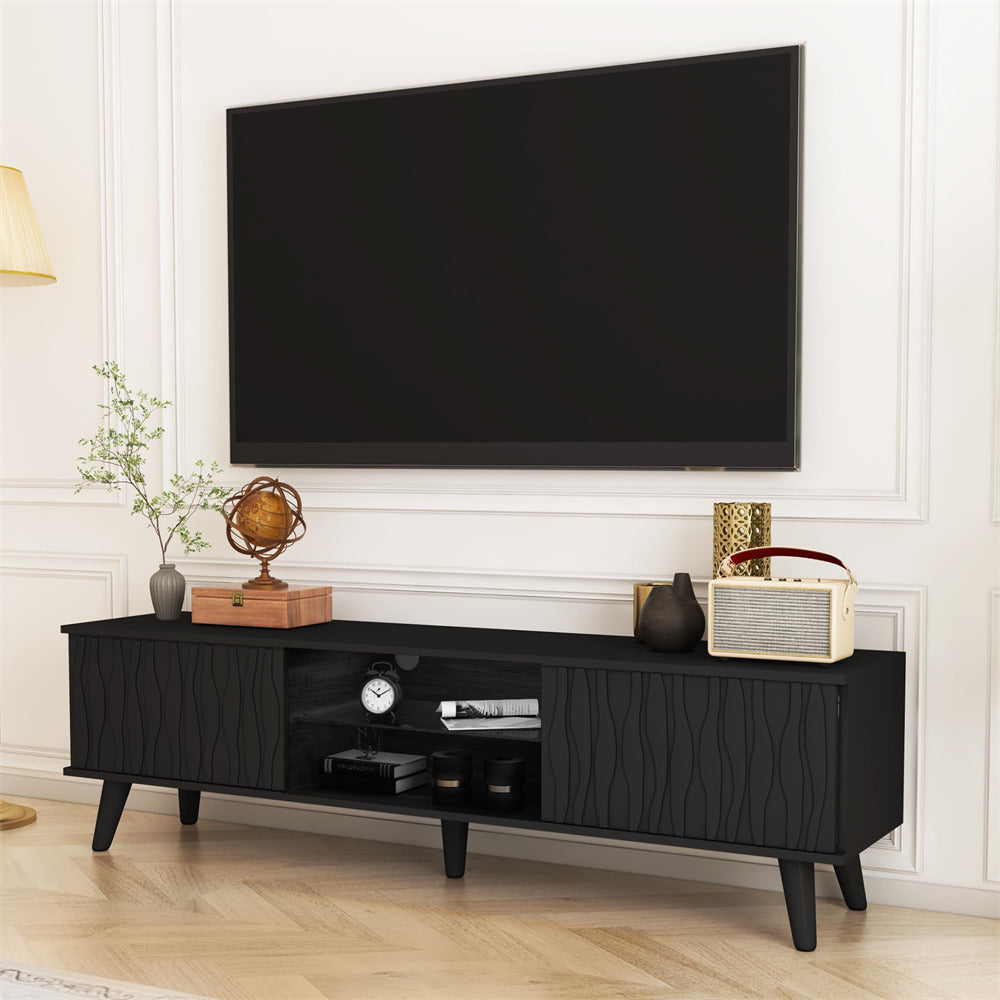 LED TV Stand Black Console Table with Sliding Barn Door and Adjustable Glass Shelves