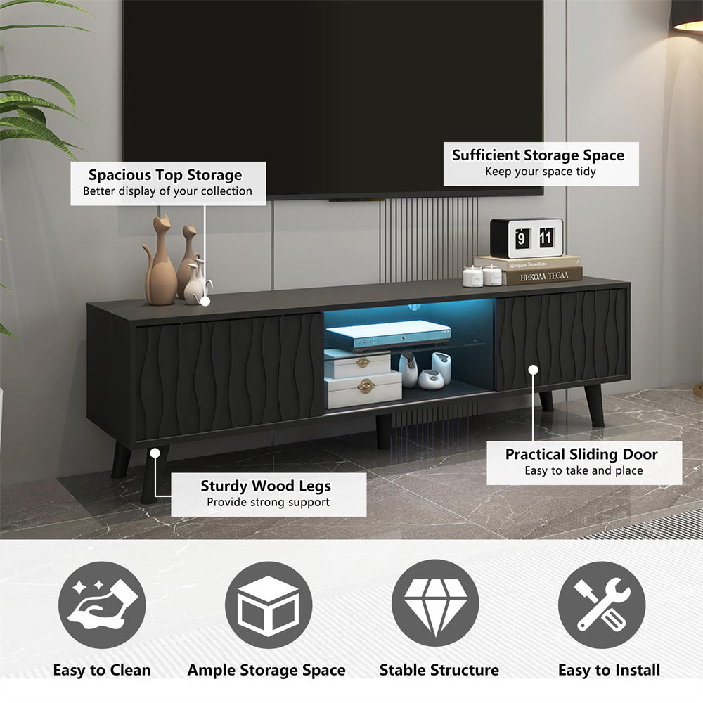 LED TV Stand Black Console Table with Sliding Barn Door and Adjustable Glass Shelves