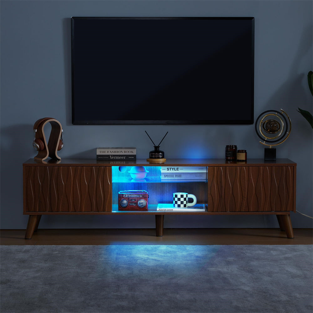 LED TV Stand Walnut Console Table with Sliding Barn Door and Adjustable Glass Shelves