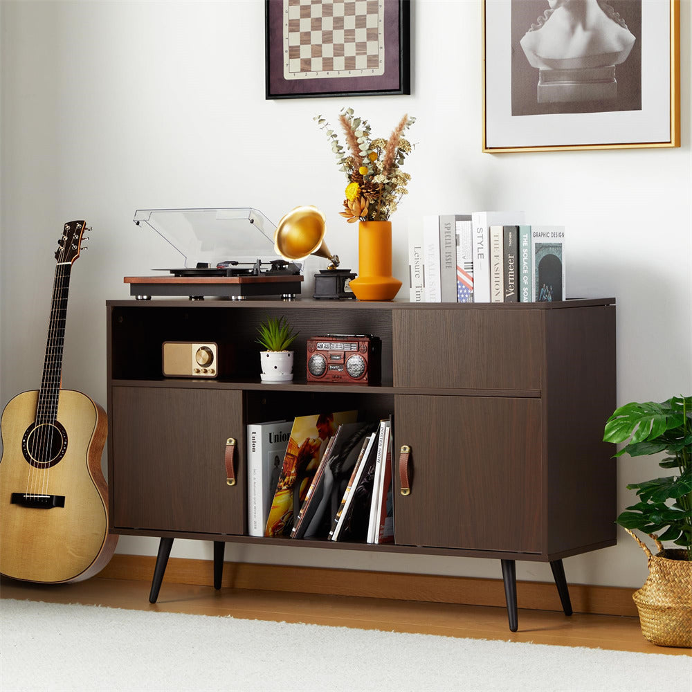 Large Record Player Stand Vinyl Record Storage Cabinet with Power Outlet