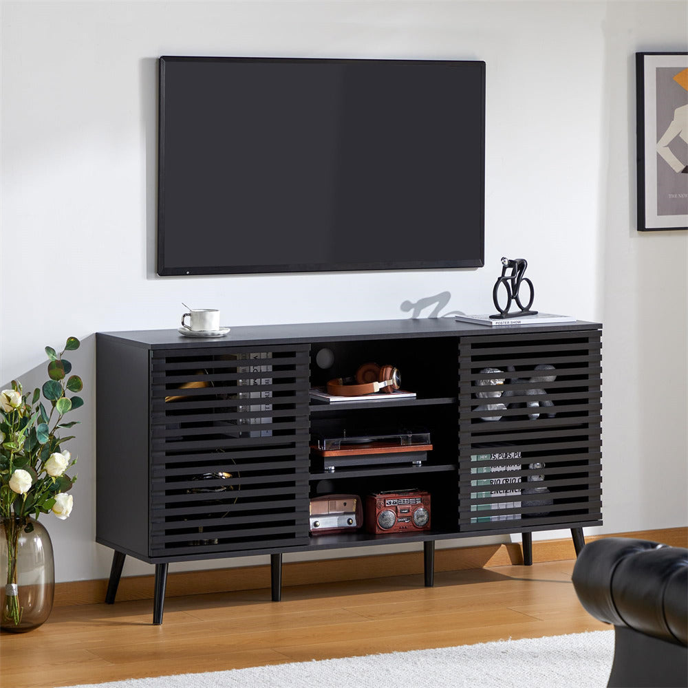 Mid-Century Modern Black 60 Inch TV Stand Console Cabinet with Adjustable Shelves and Hollow Doors