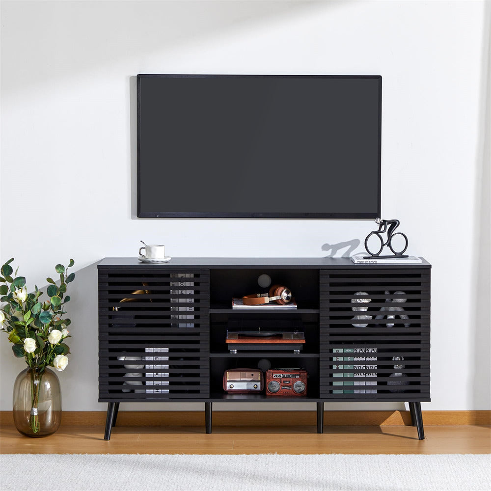Mid-Century Modern Black 60 Inch TV Stand Console Cabinet with Adjustable Shelves and Hollow Doors