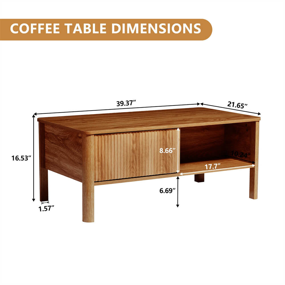 Mid-Century Modern Rectangular Wood Coffee Table Walnut with Waveform Panel Sliding Door Size