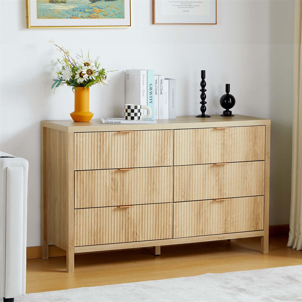 Mid Century Modern Dresser Farmhouse Wooden Storage Cabinet with 6 Drawers