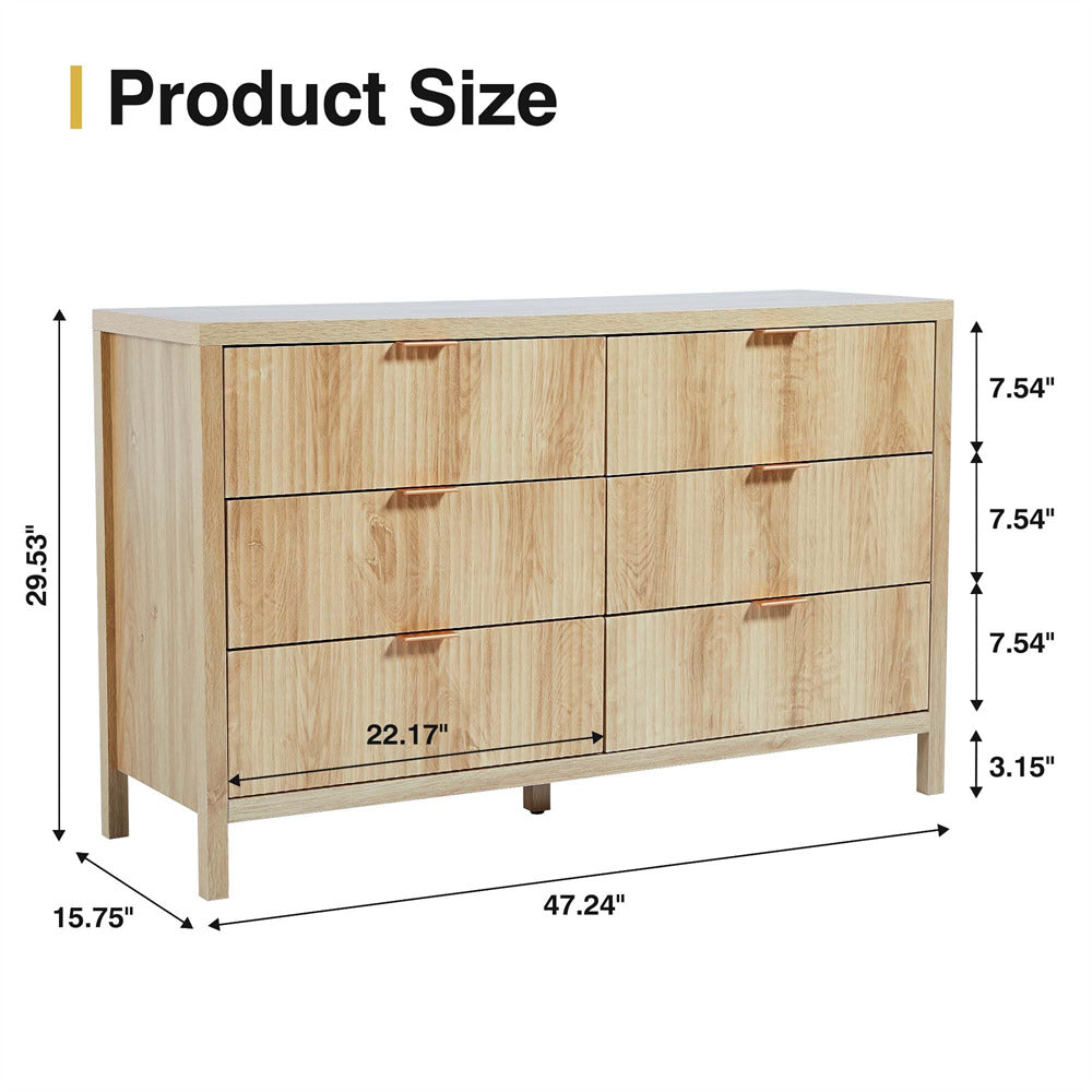 Mid Century Modern 6 Drawers Dresser Natual Farmhouse Wooden Storage Cabinet Size