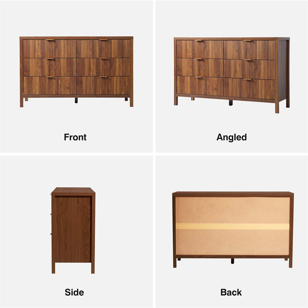 Mid Century Modern 6 Drawers Dresser Walnut Farmhouse Wooden Storage Cabinet