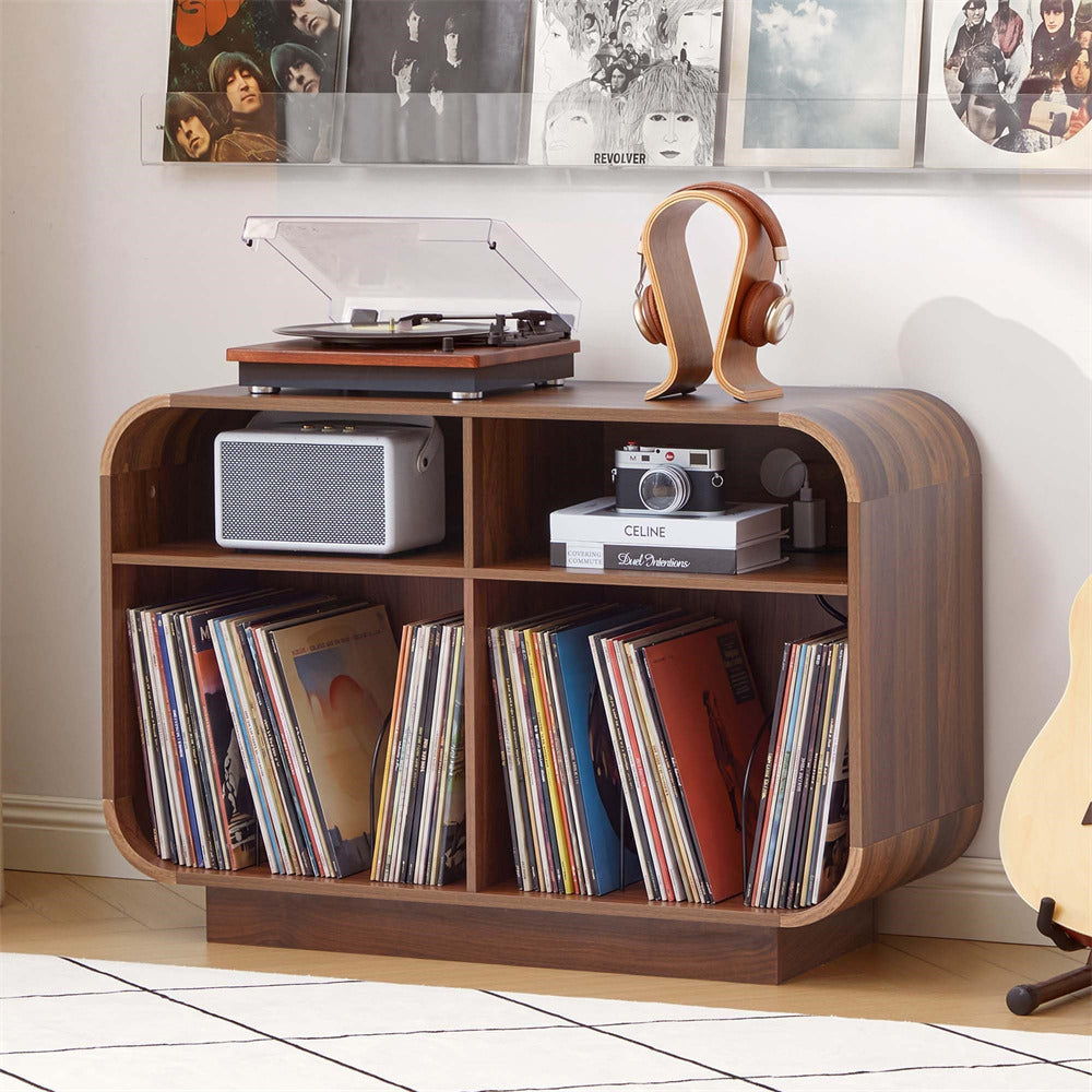 Mid Century Modern Wooden Curved Record Player Stand with Charging Station and Storage