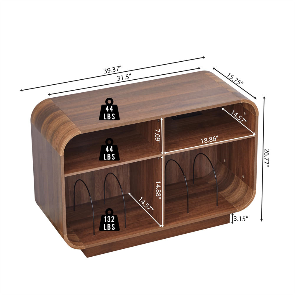 Wooden 4-compartment organizer shelf with dimension lines and weight labels on a white background.