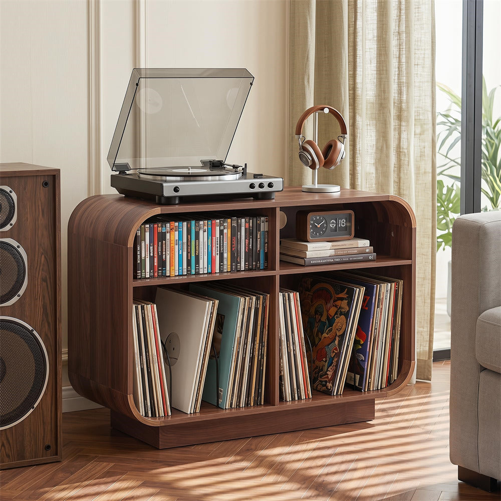 Mid Century Modern Wooden Curved Record Player Stand with Charging Station and Storage