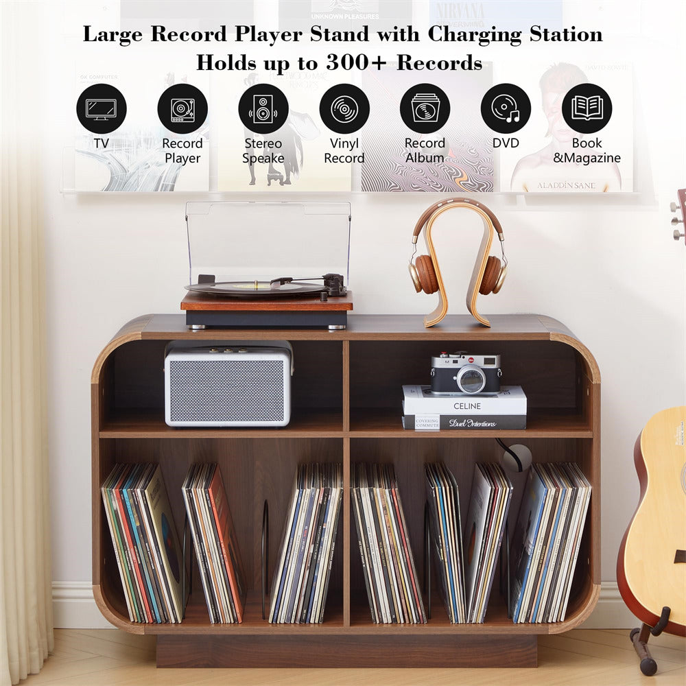 A wooden record player stand with six shelves, shown holding vinyl records, headphones, a speaker, and a record player. The background is a white wall with a graphic banner showing features like TV, record player, stereo speaker, vinyl record, record album, DVD, and book & magazine storage.