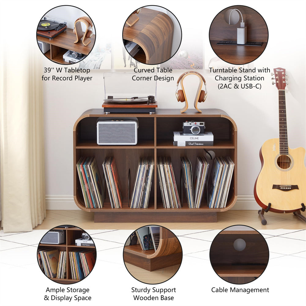 A wooden record player console with open shelves holding vinyl records, shown in a styled room scene with a guitar, record player, headphones, and circular feature callouts describing storage, curved tabletop design, charging station, and cable management.