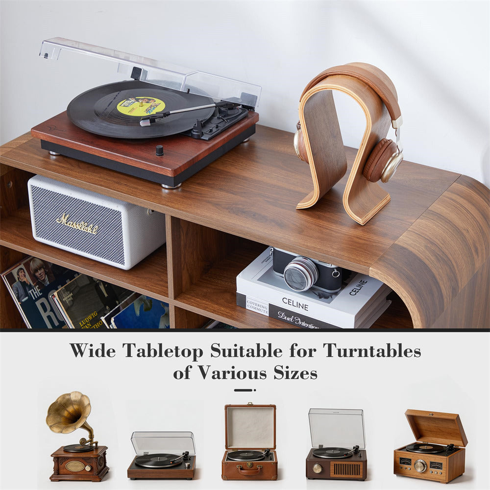 A wooden turntable shelf shown holding a turntable, headphones, and a small speaker, with text below stating it is wide and suitable for turntables of various sizes. Smaller product views appear along the bottom showing different vintage-style turntable designs.