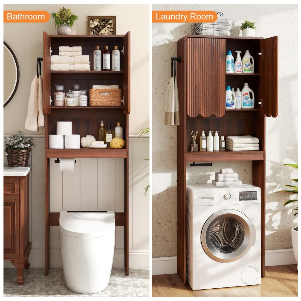 A side-by-side comparison showing a dark brown wooden bathroom and laundry utility cabinet in two contexts: on the left, labeled 'Bathroom', it is shown above a toilet with towels, toiletries, and toilet paper; on the right, labeled 'Laundry Room', it is shown with a white washing machine underneath.