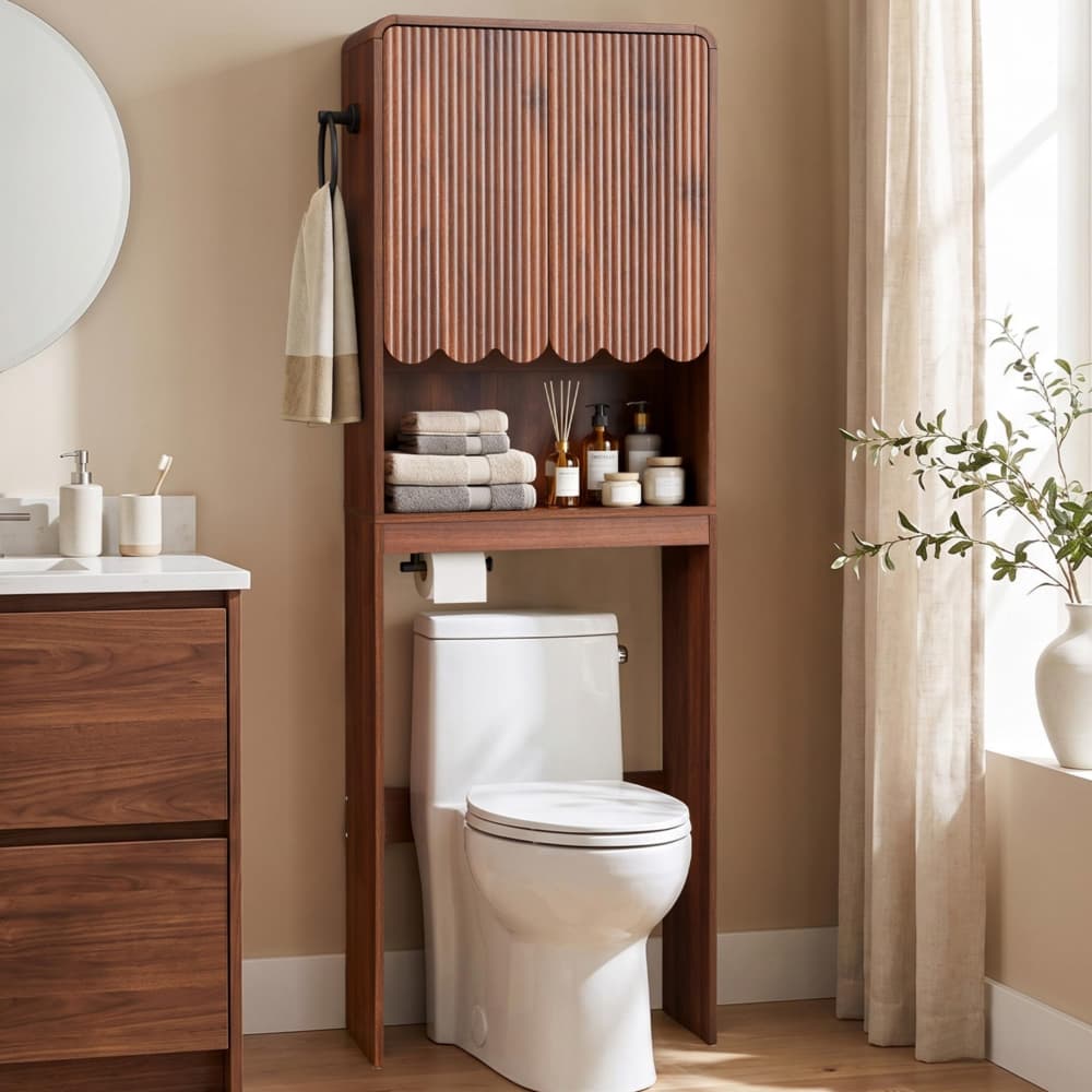 Mid Century Wood Fluted Over The Toilet Storage Cabinet with Paper Holder& Towel Ring