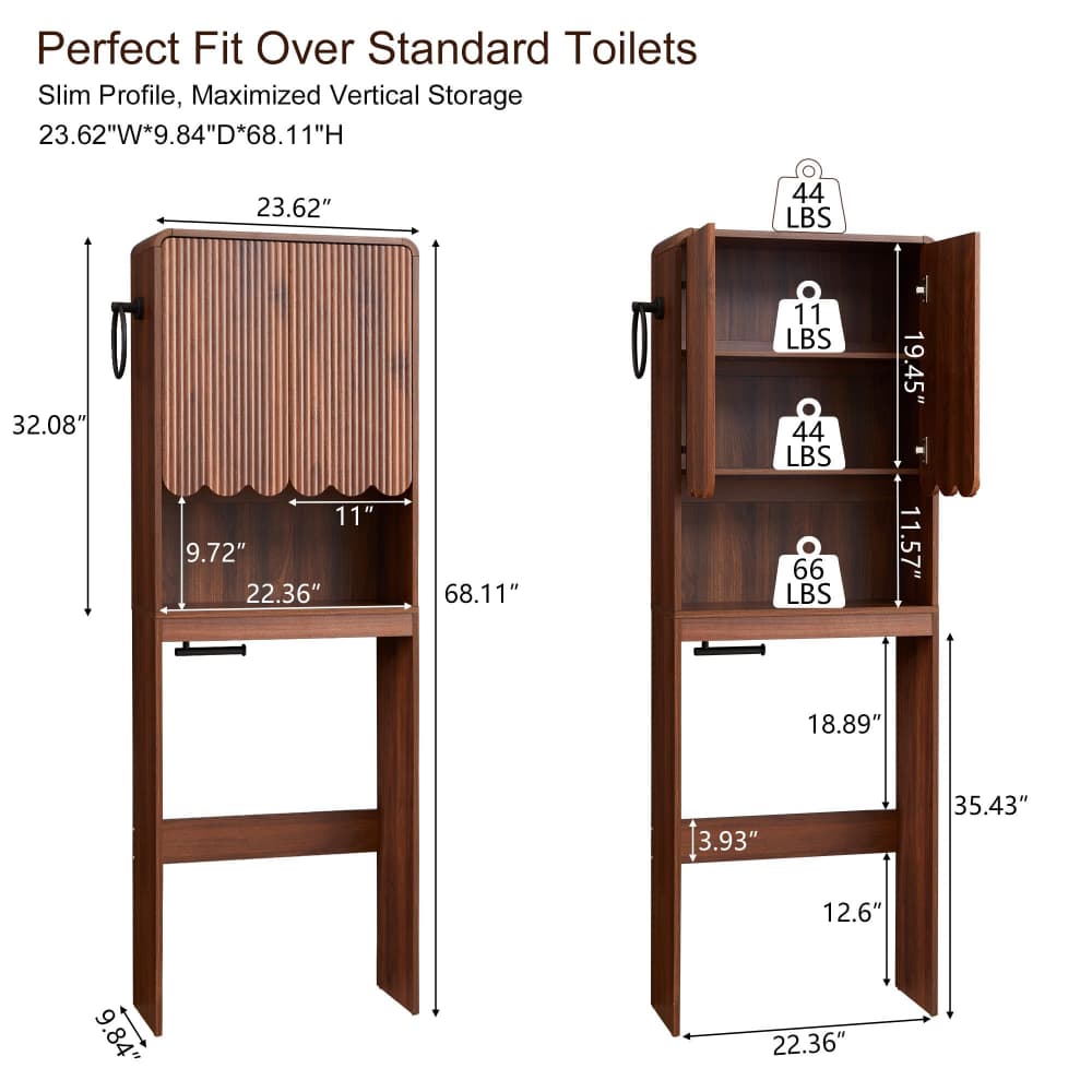 A product dimension diagram showing a tall wooden over-the-toilet storage cabinet from two angles, with labeled measurements, shelf capacities, and text stating 'Perfect Fit Over Standard Toilets.'.