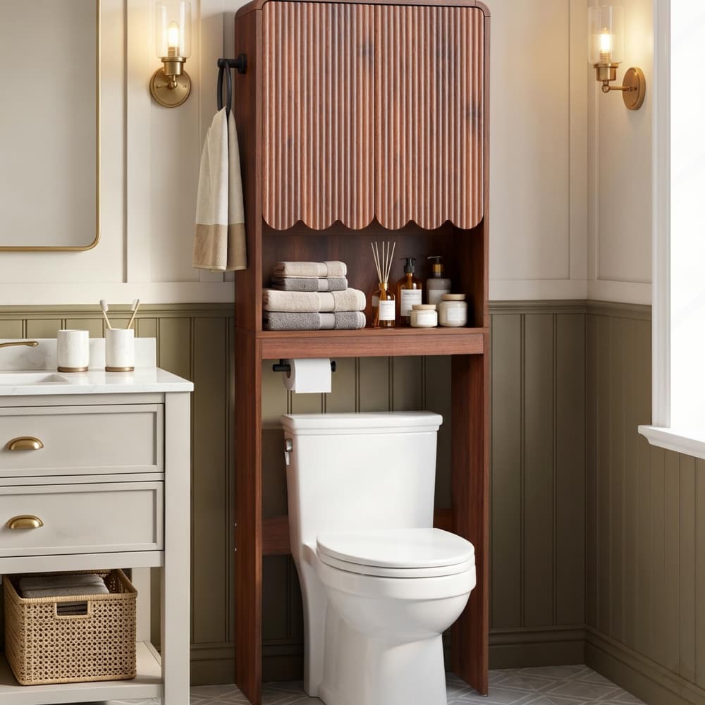 A tall wooden over-the-toilet storage cabinet with a slatted top and open shelves, styled in a bathroom next to a white vanity and toilet.