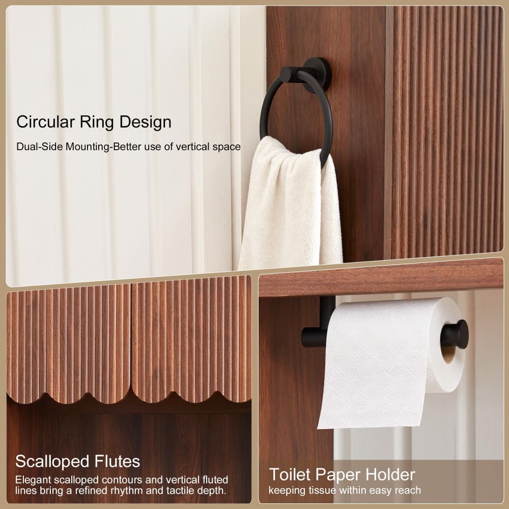 Mid Century Wood Fluted Over The Toilet Storage Cabinet with Paper Holder& Towel Ring