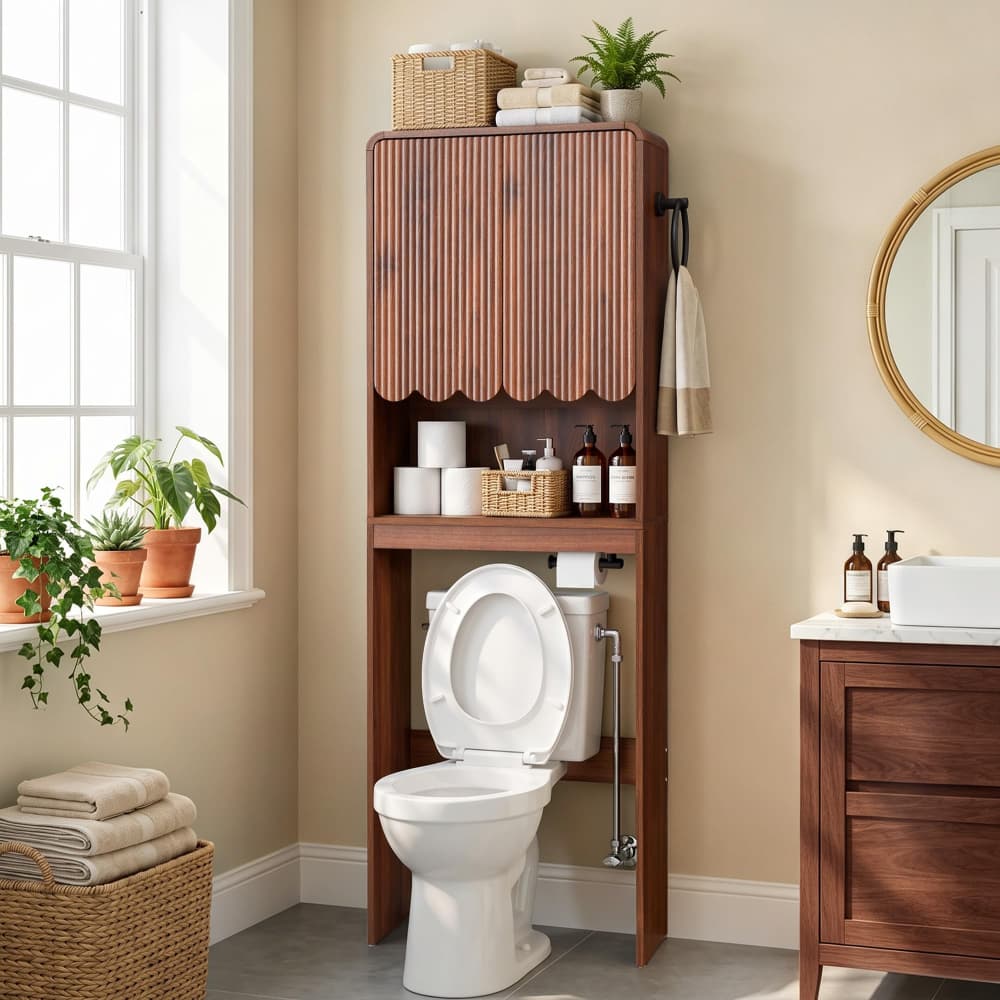 Mid Century Wood Fluted Over The Toilet Storage Cabinet with Paper Holder& Towel Ring