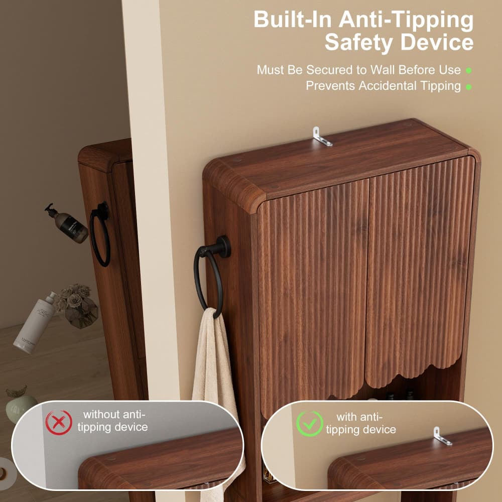 A wall-mounted wooden storage cabinet with a ribbed front and black hanging hooks, shown installed on a beige wall. Text at the top explains built-in anti-tipping safety, and two oval callouts at the bottom compare the cabinet with and without the anti-tipping device.
