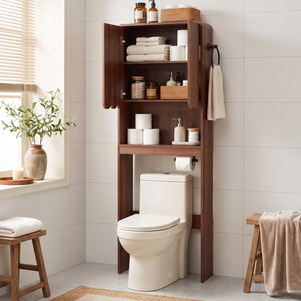 A tall dark brown wooden bathroom storage cabinet with open shelves and a hanging towel hook, shown installed over a toilet in a bright tiled bathroom.