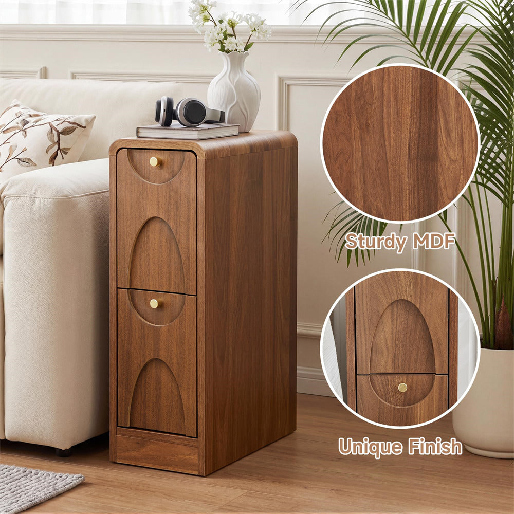 A two-drawer wooden nightstand with a warm medium-brown finish, styled next to a cream sofa in a living room. Two circular inset images on the right highlight the wood grain texture and finish details, with text reading 'Sturdy MDF' and 'Unique Finish'.