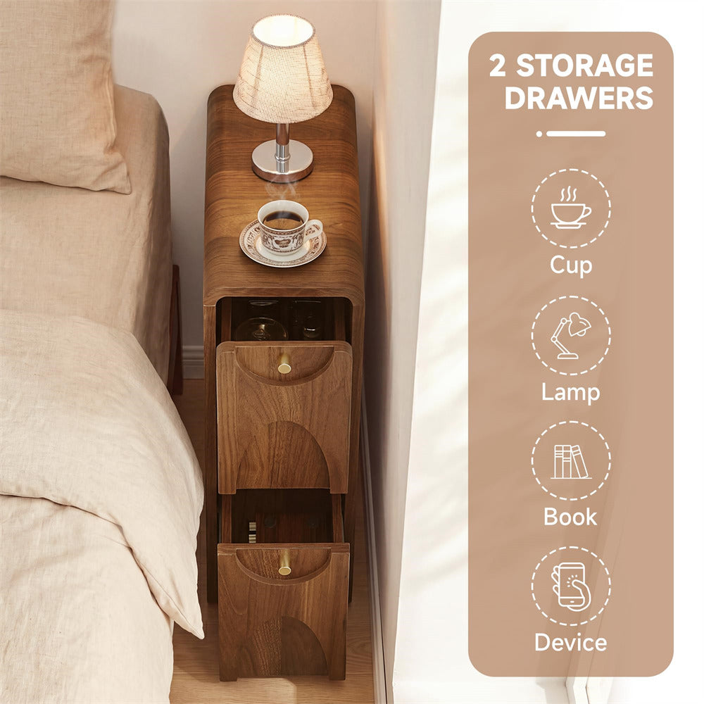 A wooden bedside table with two drawers shown next to a bed, with a lamp and cup on top. A vertical text panel on the right highlights features including '2 Storage Drawers' and lists cup, lamp, book, and device storage.