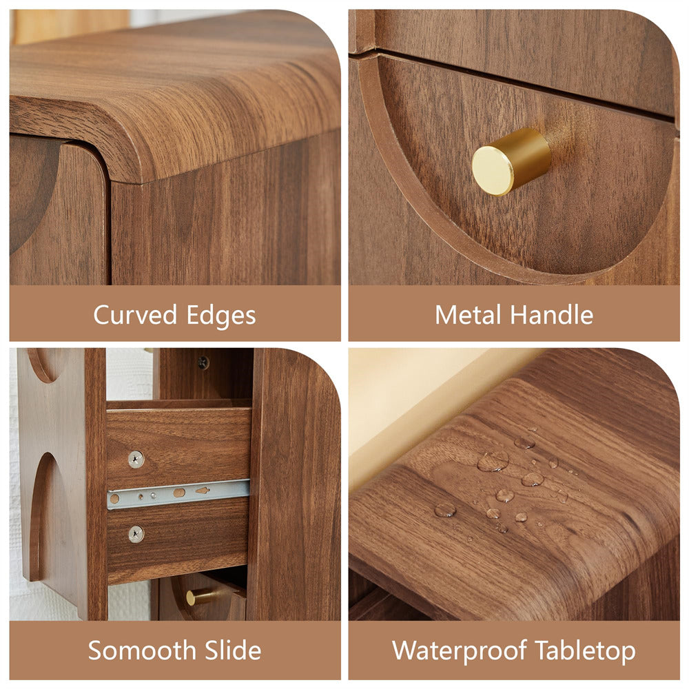 Four-panel close-up collage of a wooden drawer unit with text labels: Curved Edges, Metal Handle, Smooth Slide, and Waterproof Tabletop.