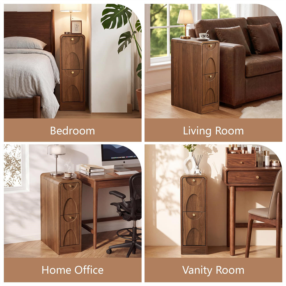 A four-panel collage showing a tall wooden nightstand or drawer cabinet styled in different home environments: Bedroom, Living Room, Home Office, and Vanity Room. Each panel shows the cabinet beside a bed, sofa, desk, or vanity, with the text label beneath.