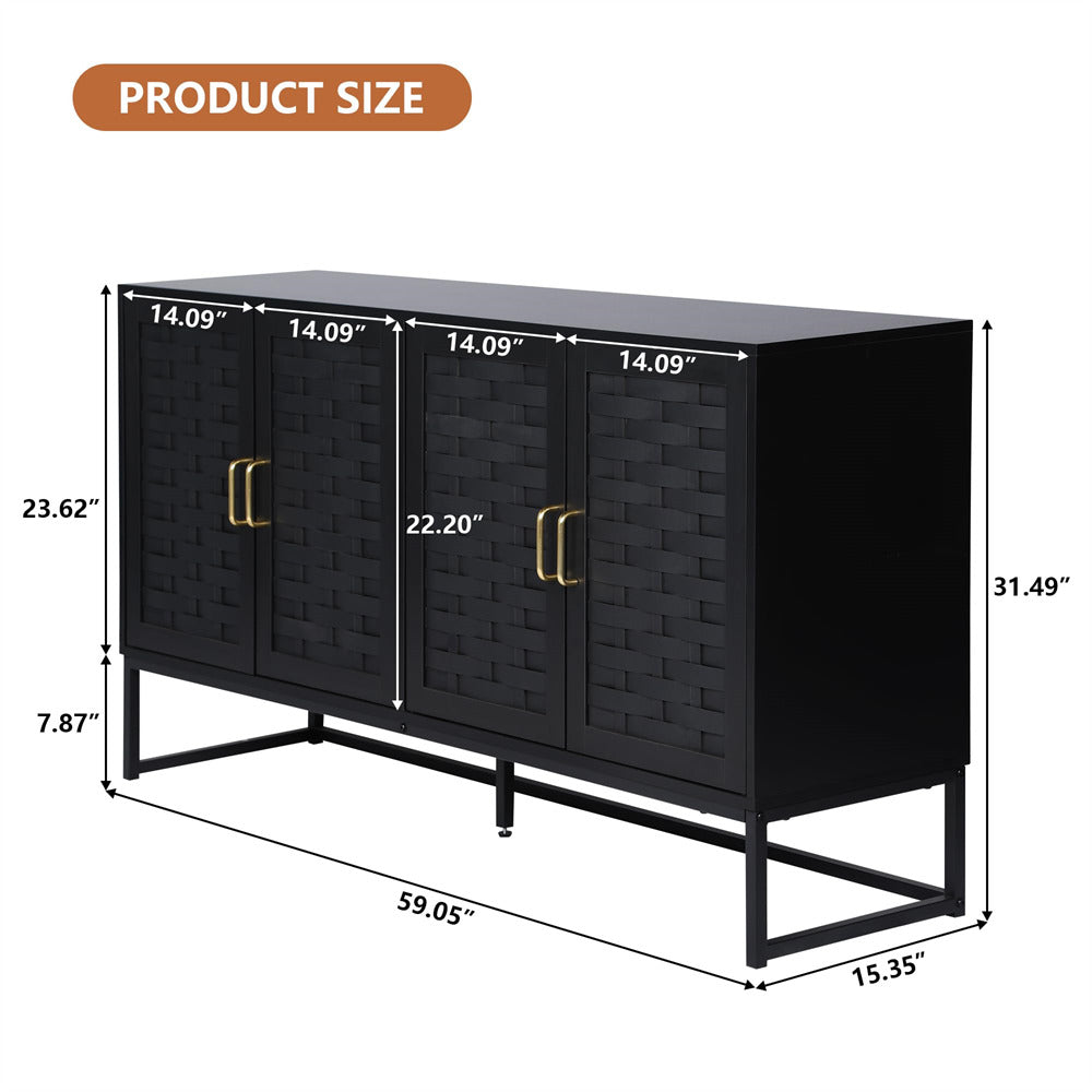 Modern Buffet Storage Cabinet Sideboard Black with Wooden Strip Doors and Adjustable Shelves Size