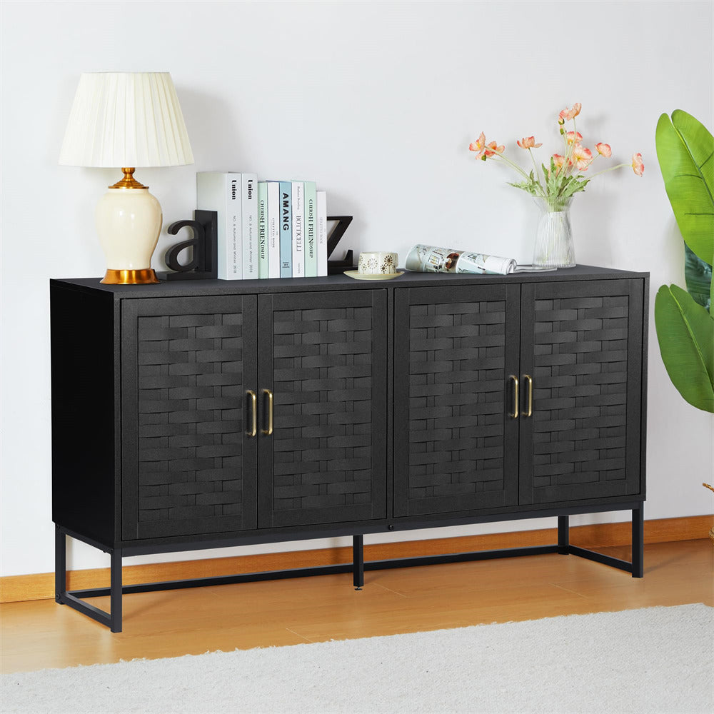 Modern Buffet Storage Cabinet Sideboard Black with Wooden Strip Doors and Adjustable Shelves
