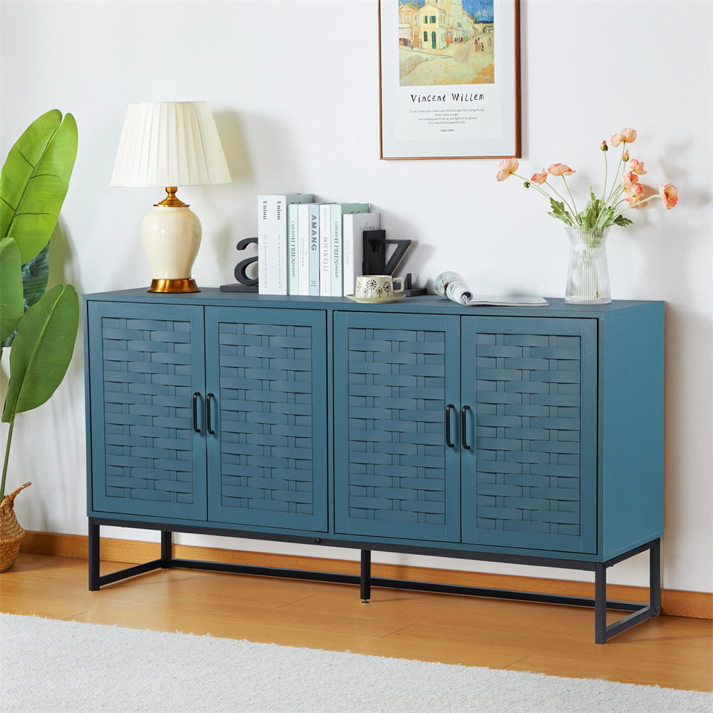 Modern Buffet Storage Cabinet Sideboard Blue with Wooden Strip Doors and Adjustable Shelves