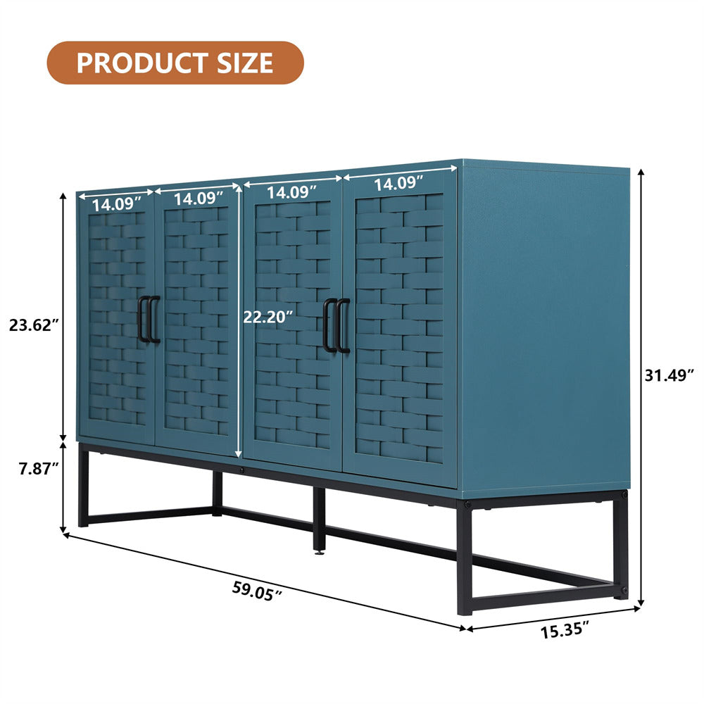 Modern Buffet Storage Cabinet Sideboard Blue with Wooden Strip Doors and Adjustable Shelves Size