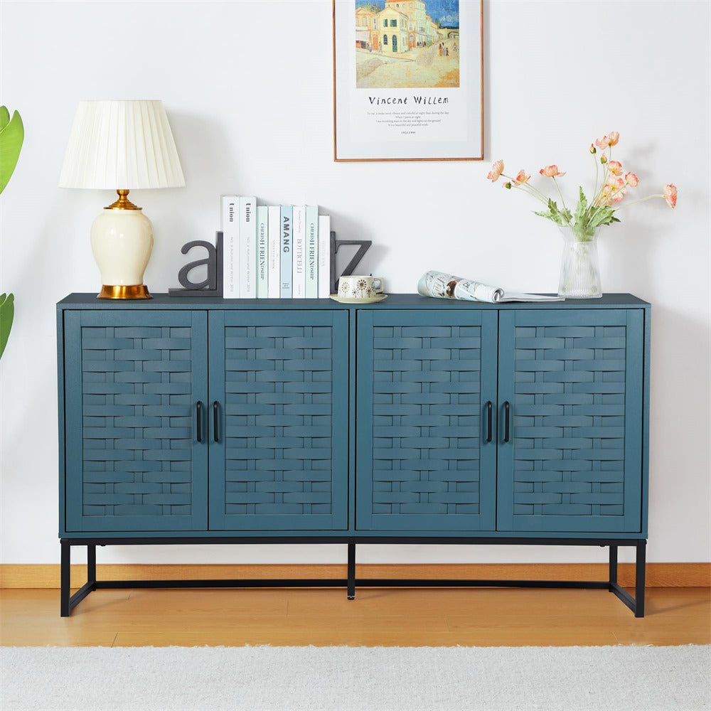 Modern Buffet Storage Cabinet Sideboard Blue with Wooden Strip Doors and Adjustable Shelves